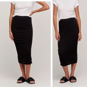 Marciano Ruched Draped Midi Pencil Bodycon Skirt Lined Stretch Jersey Minimalist